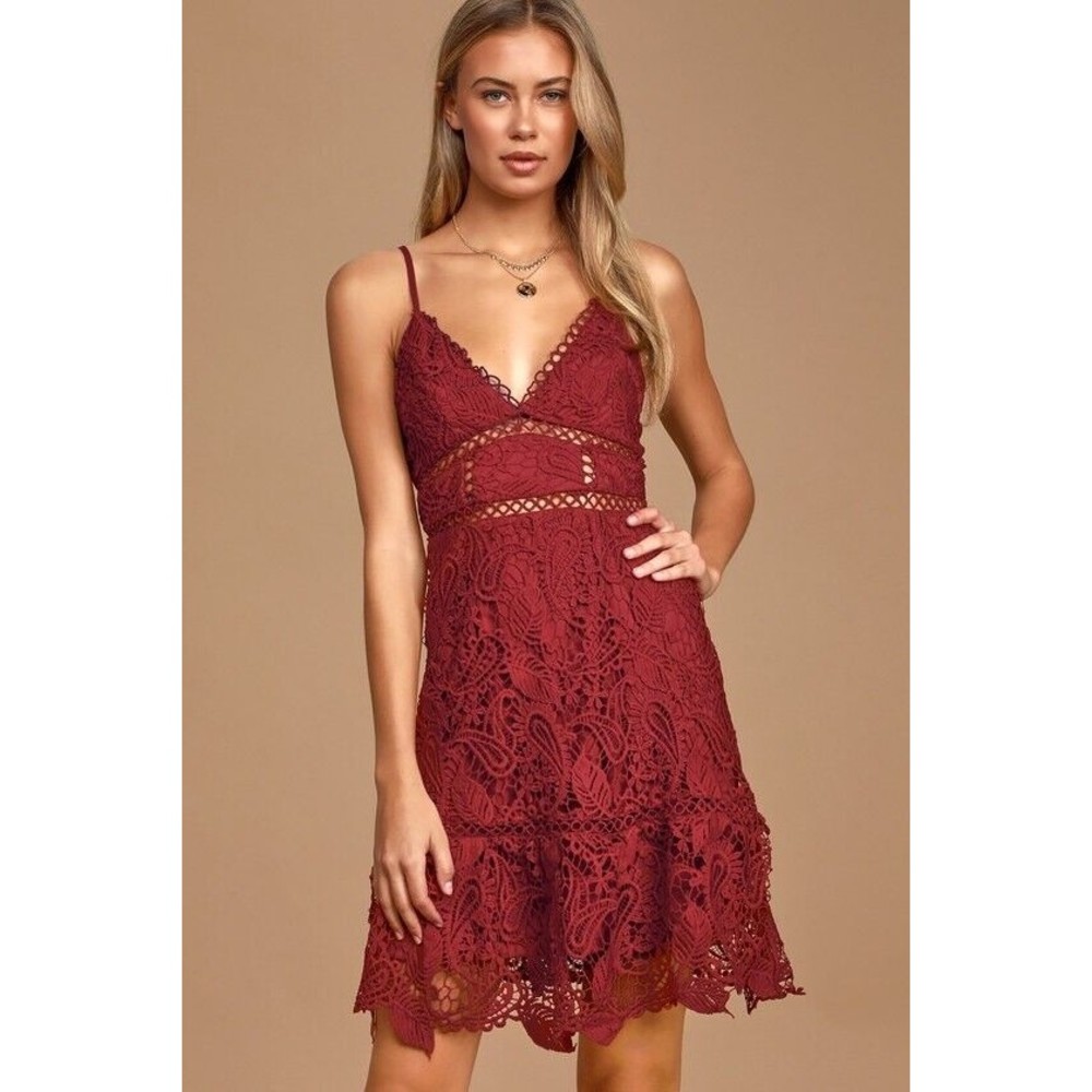 Lulus Dearly Beloved Burgundy Crochet Lace Dress Sz XS V-Neck Sheer Ruffled Hem
